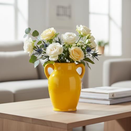 Sunddo Yellow Ceramic Vase 8 Inch - Modern Decorative Vase with 2 Handles for Home Decor, Ideal Centerpiece for Kitchen, Living Room, and Dining Table - color: Yellow - 8, size: 8 Inch