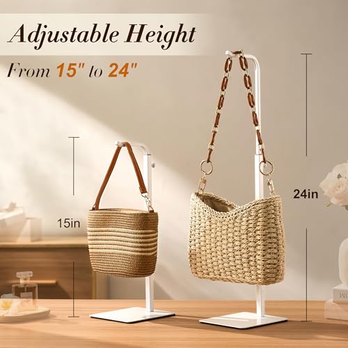Purse Holder Handbag Display Stand: Hanger Rack Showing Bags, Purses, and Wreath, Adjustable Hook Stand for Tabletop, Closet, Desk, and Retail Use for Vendors, White - color: White