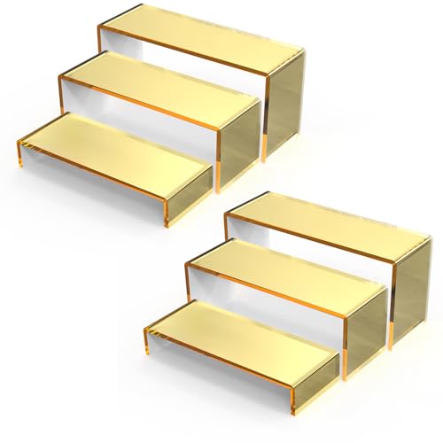 6 PCs Risers Display Stands 3 Tiers Desktop Acrylic Shelves Cake Dessert Holder Products Stand for Collectibles Shoes Jewels Pop Figure (Golden) - color: Golden
