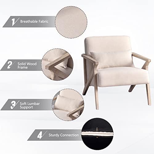 INZOY Mid Century Modern Chair with Wood Frame, Upholstered Armchair with Waist Cushion, Accent Chair for Living Room Bedroom Apartment, Easy Assembly, Beige - color: Beige