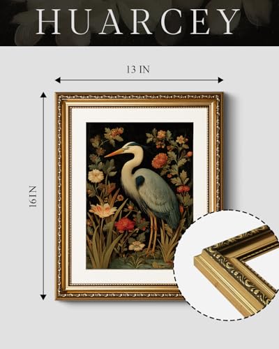 HUARCEY Vintage Botanical Bird Gold Framed Canvas Wall Art 13x16 inch, Classic Heron Floral Canvas Painting Print, Traditional Elegant Home Living Room Bedroom Farmhouse Decor - color: Blue Heron, size: 16"L x 13"W