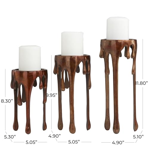 Deco 79 Aluminum Pillar Candle Holder with Dripping Melting Designed Legs, Set of 3 13",10",9"H, Copper