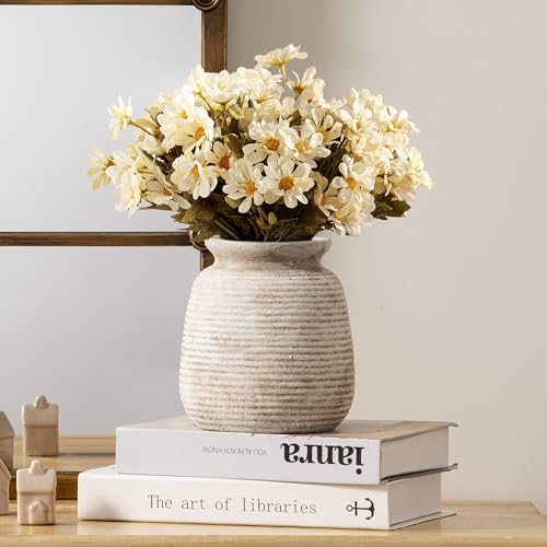 Ceramic Flower Vase, 6“ Small Vase Rustic Farmhouse Vases Home Decor Short Pottery Decorative Pampas Vase for Table Living Room Entryway Mantel Bookshelf Bedroom Bathroom Kitchen-Rustic White - color: 6“ H - Rustic White