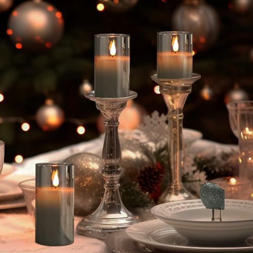 Rechargeable Flameless Candle, Flashing LED Pillar Real Wax Candle with Remote Control and Timer, Upgraded Teardrop Wick, Gray Electronic Candle, 1 Set of 3 - color: Grey Glass-Droplet