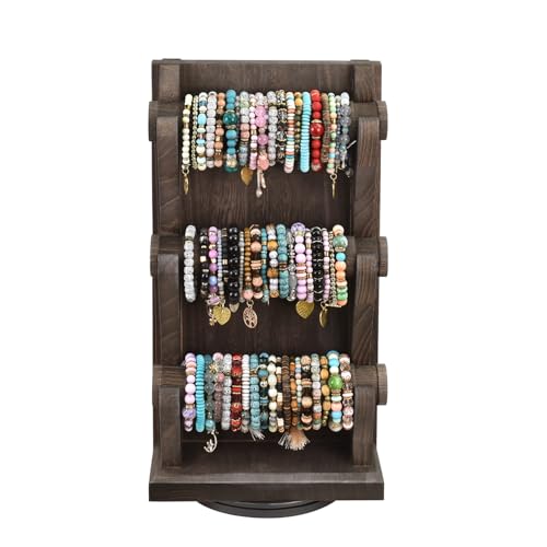 Ikee Design Two-Sided Rotating Wooden Jewelry Bracelet Display Stand-6 Removable Holders, 3 Tier Bar Bangle Organizer-Perfect for Bracelets and Jewelry Display, Dark Brown Color - color: 2) Dark Brown, 6 Bars