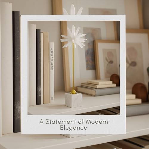 Mystique Large Starburst Statuary – Modern Decorative Object with Marble Base, Metal Stem and Sculptural Flower Top – Contemporary Home Decor Accent for Shelves Tables and Desks, 20", Gold & White - size: 20"