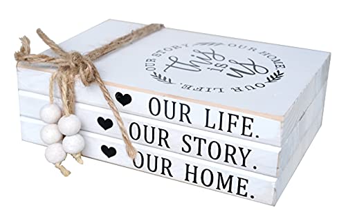LIVDUCOT Wood Decorative Books Stack Rustic Home Decor Stack White Wooden Books for Modern Home Decor,Shelf,Mantle or Tray This is Us Our Life Our Story Our Home 7X 5.5X 2.5' - color: This is Us