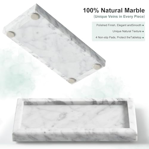 Natural Small Marble Vanity Tray, Luxury Stone Organizer for Bathroom & Kitchen | Holds Soap Dispenser, Jewelry, Perfume | Non-Resin, Non-Ceramic Décor - color: White, size: 7.9" x 4.3" x 0.8"