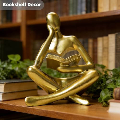 Gold Reading Woman Statue, Thinker Sculpture for Bookshelf Decor, Modern Gold Home Accents, Coffee Table Figurine, Office Desk Decor, Book Lover Gift Small Shelf Decor - 4.5 Inch - color: Gold