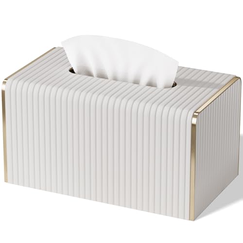 Extra Large Tissue Box Cover for Standard Size 180 to 230 Count Box of Tissues, PU Leather Rectangle Tissue Holder with Magnetic Closure， Gold-Tone Edging Decoration (Ivory) - color: Cream White, size: Rectangle Extra Height