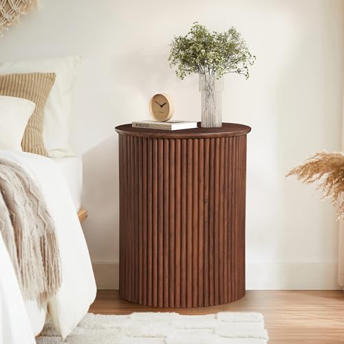 AVZEAR Small Round Side Table Fluted Night Stand Set of 2, 17.7" Mid Century Modern End Table, Circle Bedside Tables Wood Nightstands for Small Spaces, Living Room, Bedroom (Rustic Walnut) - color: Walnut, size: 17.7"D x 17.7"W x 21.6"H