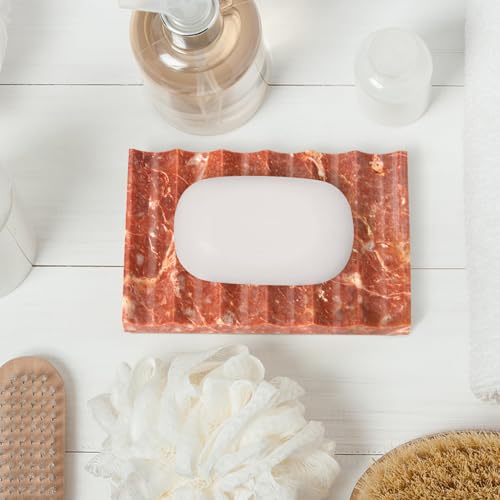 Luxury Marble Travertine Soap Dish Tray,Rectangle Stone Marble Soap Tray,Self Draining Soap Holder for Bathroom, Kitchen (Red Travertine) - color: Red Travertine