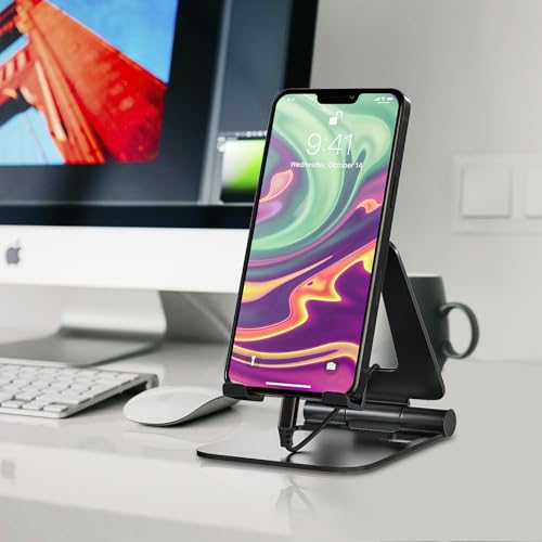 Cell Phone Stand for Desk Phone Holder Foldable Portable Adjustable Cradle Dock Compatible with iPhone 17 16 15 14 13 Pro Max, iPhone 12 11 Plus SE XS XR 8 7, Office Desk Travel Accessories, Black - color: Black