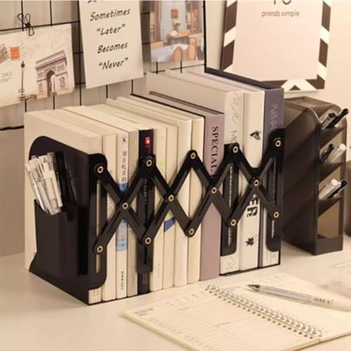 Book Ends for Shelves,Metal Bookends,Book Ends Scalable with Pen Holder(Black)