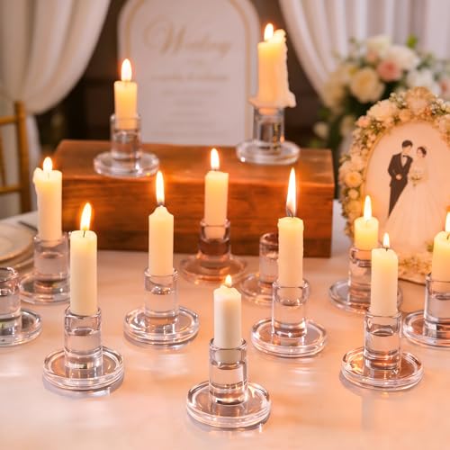 NUPTIO Candle Stick Candle Holder: Set of 20 Short Taper Candlestick Holders Bulk Small Modern Glass Tapered Candleholders for Wedding Christmas Holiday Centerpiece - size: 20 Pcs