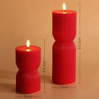 Red Ribbed Flameless Pillar Candles with Remote, Battery LED Wax Candles Flickering Valentines Day Decor Gift Set of 2 - color: Red