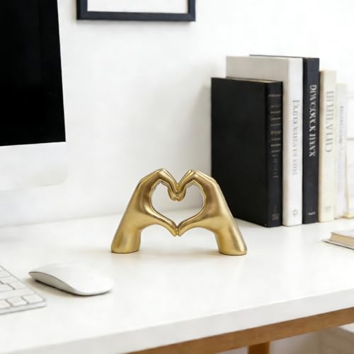 Heart Gesture Sculpture - Modern Gold Resin Hand Heart Statue for Home Decor, Minimalist Aesthetic Room Decor for Shelf, Office Desk, Bookshelf, Coffee Table - Romantic Music Fan (Small) Golden