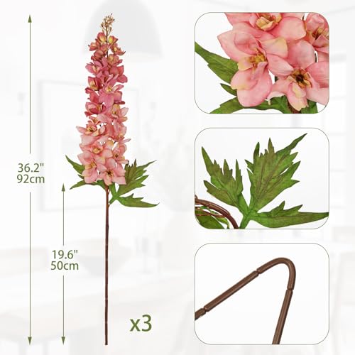 Briful 3PACK Artificial Delphinium Flowers – 36.2in Tall Faux Larkspur Silk Floral Stems Pink Fake Delphinium Flower for Indoor Home Decor Vase Arrangements - color: Pink