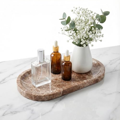 Light Emperador Marble Vanity Tray for Bathroom Counter, 10"x5" Decorative Tray for Perfume, Candles, Stone Jewelry Dish Tray - color: Light Emperador