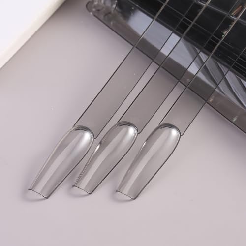 150 Pcs Nail Swatch Sticks with Ring, Transparent Black Ballerina Nail Art Tips, Long Coffin False Nail Sample Sticks, Polish Gel Display Practice Tools Nail Supplies for Home or Salon Use - color: Transparent Black Ballerina