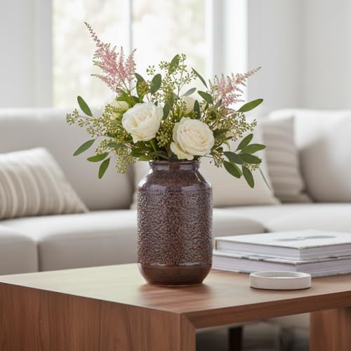 Brown Ceramic Vase for Home Decor - 9 Inch Farmhouse Pottery Vase for Pampas Grass, Decorative Vases for Flowers, Farmhouse Decor, Kitchen, Mantle, Fall Decoration - color: Rust Brown