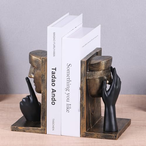 Novelty Book Stopper - Face Sculpture Decorative Bookends,Modern Abstract Art Book Ends for Heavy Books,Shelves, Home Office Decor Aesthetic,Unique Bookshelf Accessories(Brass-Look Bookends) - color: A-vintage Gold