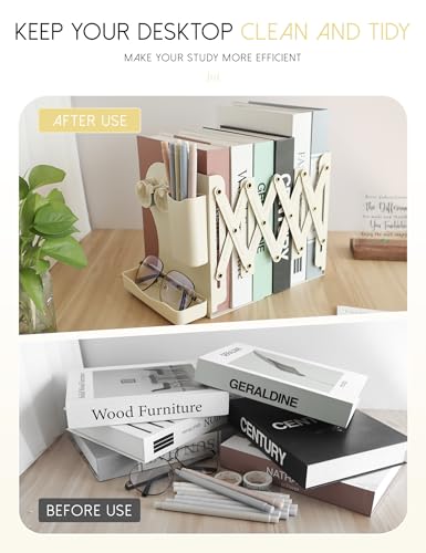 Heavy Duty Bookends Adjustable Book End, Desk Book Holder for Shelves, Book Organizer for Desk, Suitable for Office Home School (19.69 inches Max) (White) - color: White