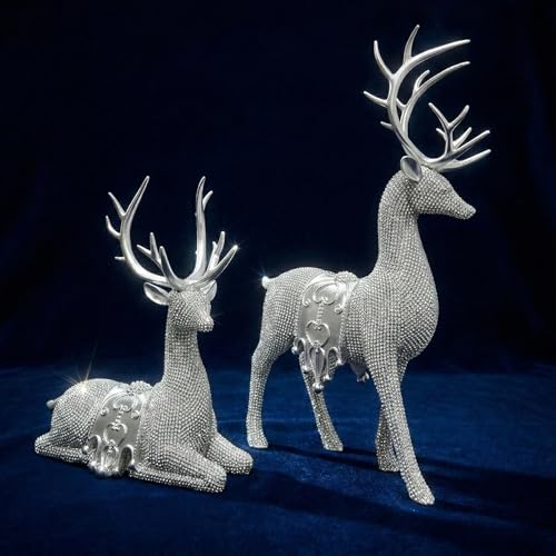 Set of 2 Modern Deer Statues for Home Decor, Handcrafted Resin Elk Sculptures with Intricate Beaded Texture, Elegant Animal Figurines for Living Room, Bookshelf, Office & Housewarming Gift - color: Silver