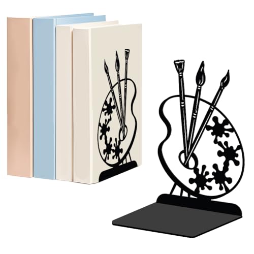 WADORN 1 Pair Painting Palette Metal Decorative Bookend for Shelves, Heavy Duty Book Ends Modern Non-Skid Books Holder Stand Black Book Support Stoppers for Desk Bookshelf Office Home, 5.3x4.3x7.8 - color: Painting Palette