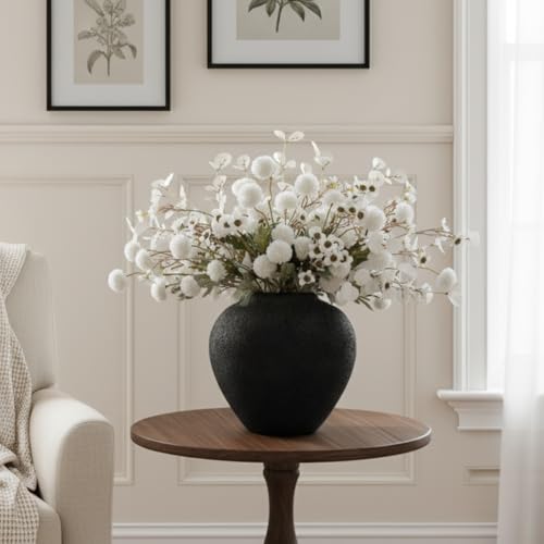 Black Large Round Vase Pottery Look for Home Decor, Arina Black Rustic Iron Vase Modern Farmhouse, Console Table Decor, Earthy Textured Metal Big Black Round Vases for Centerpieces, Jarrones Grandes - color: Black Large Round