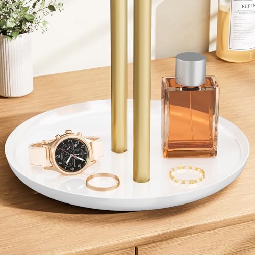 Gold Necklace Rack Stand with Storage Tray - 2 Rods T-Shaped Jewelry Holder Stand for Bracelets, Earrings, Rings | Elegant Vanity & Dresser Top Storage for Women. - color: Gold