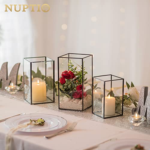 Nuptio Glass Hurricane Candle Holder for Pillar Candles 3 Pcs Black Metal Candle Holders Large Rectangular Candleholder Vase Centerpieces Decoration for Halloween Christmas Party 9.5 & 8.1 & 6.5 inch - color: Black, size: 9.5 & 8.1 & 6.5 inch H - 3 Pcs