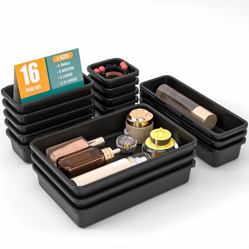 16 PCS Drawer Organizer Set, 4 Size Makeup Drawer Divider Organizer With Non-Slip Pads, Interlocking Plastic Storage Bins for Office,Jewelry Vanity,Gadgets, Bathroom,Kitchen, Black - color: Black, size: 16Pack