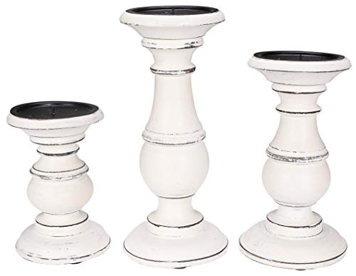 Candle Holders Set of 3 (10",8" & 6" Height)_White Antique,Pillar Candle Holder in Mango Real Wood,Decorative Candle Holders for Table Centerpiece, Wedding, Party, Home Décor, Spa, Farmhouse, Gifting - color: White Antique, size: 6"+8"+10" - High