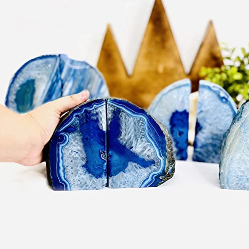 AMOYSTONE Blue Agate Stone Bookends, Heavy Sturdy Bookends for Heavy Books, Rock Crystal Book Holder, 6-8 LBS, Decorative Bookends for Home Office Desk, Perfect Housewarming Gift - color: Blue, size: 6-8 Pounds
