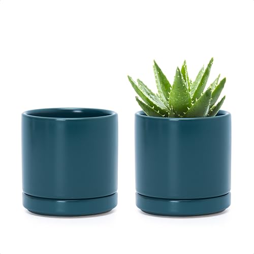 D'vine Dev Set of 2 Plants Pots, 3.5 Inch Ceramic Planter Pot for Plants with Drainage Hole and Saucer, Teal, 94-V-A-9 - color: Teal, size: 3.5 Inch