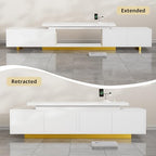 LIKIMIO Extendable TV Stand for 65-90 Inches TVs, Adjustable Length 63''-94.5'', Modern White Entertainment Center with Storage Cabinets, Charging Station & LED Lights, Media Console for Living Room