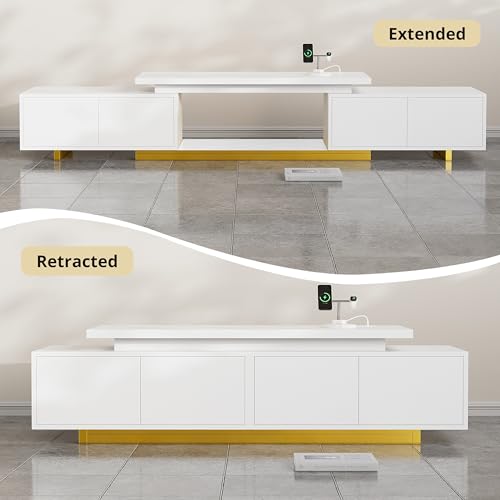 LIKIMIO Extendable TV Stand for 65-90 Inches TVs, Adjustable Length 63''-94.5'', Modern White Entertainment Center with Storage Cabinets, Charging Station & LED Lights, Media Console for Living Room