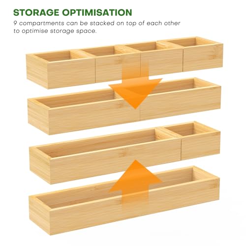 Bamboo Drawer Organizer Set, 9 PCS Multi-Use Individual Wood Storage Organizers, Junk Drawer Divider and Storage Trays Containers for Kitchen, Bathroom, Office Desk, Makeup, Jewelry, Utensils - size: 9
