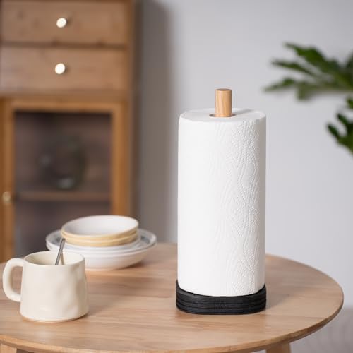 Black Travertine Standing Paper Towel Holder for Kitchen Countertop, Bathroom Shelf Toliet Top Paper Roll Holder with Weighted Base and Sturdy Wood Stand,for Standard or Plus Rolls, Height-Adjustable - color: Black Stone