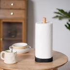 Black Travertine Standing Paper Towel Holder for Kitchen Countertop, Bathroom Shelf Toliet Top Paper Roll Holder with Weighted Base and Sturdy Wood Stand,for Standard or Plus Rolls, Height-Adjustable - color: Black Stone