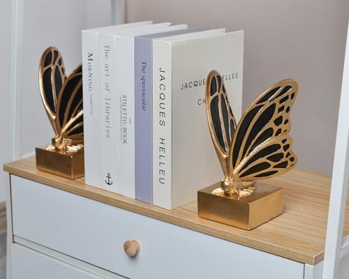 Vintage Brass Butterfly Bookends,Resin Book Ends for Shelves,Heavy Duty Decorative Bookends,Creative Book Stopper Holder Decor for Desk Home Office,Shelf Decoration,Gifts for Mother's Day - color: Black Brass