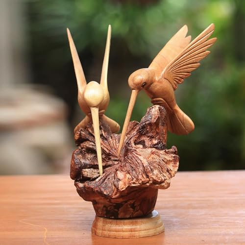 NOVICA Artisan Crafted Handcarved Wood Sculpture | Hummingbird Figurine Decor | Sustainable Animal Themed | Benalu & Jempinis Wood | NAT Geo Decoration | Indonesia ' Hummingbird Couple' 7.5" H x 6" W