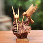NOVICA Artisan Crafted Handcarved Wood Sculpture | Hummingbird Figurine Decor | Sustainable Animal Themed | Benalu & Jempinis Wood | NAT Geo Decoration | Indonesia ' Hummingbird Couple' 7.5" H x 6" W
