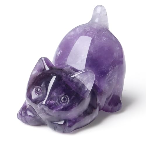 2" Amethyst Cat Figurine Statue Decor Natural Healing Crystal Figurines Purple Home Room Decor Carved Sculpture Decoration Cute Statue Lazy Gemstones Gifts for Mother Cat Lovers Women Men - color: Amethyst