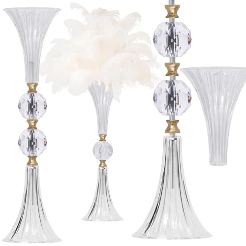 VIJIV Crystal Acrylic Trumpet Vase for Wedding Centerpieces & Home Decor - 21.7" Clear Flower Stand with Ribbed Texture, Gold Accents, Table/Floor Vase for Events, Bridal Showers & Boho Weddings - size: M/21.7 Inch Tall