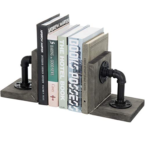 MyGift Book Ends Decorative for Shelves, Office Bookends for Heavy Books, Book Holder L-Shaped Stand Desktop, Vintage Gray Wood with Realistic Industrial Pipe Design - color: Vintage Gray