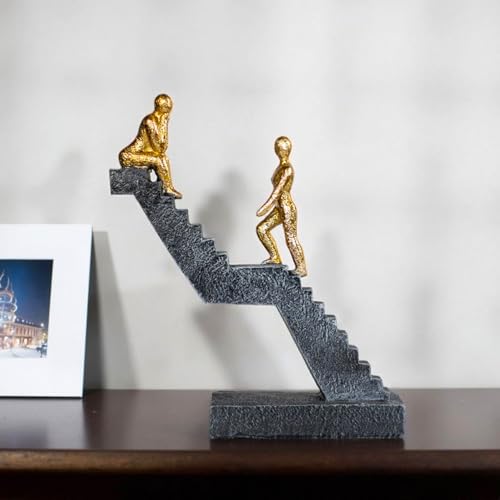 Modern Staircase Sculpture, Gold Figures on Black Steps, 8.66 x 7.09 x 2.56 inches, Contemporary Art Decor - color: ‌"dual Gold"‌