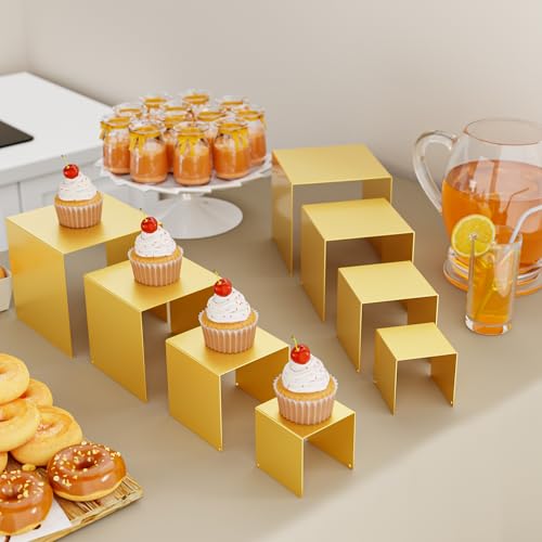 Matte Metal Display Stand, 8 Pcs 2 Set Display Risers for Display, Metal Rectangular Display Shelf Holders for Showcase, Dessert, Perfume, Vendor Events, Cupcake Stands, Toys Display Shelves ( Gold, 3''x4''x5"x6" ) - color: Gold, size: 3''x4''x5"x6"