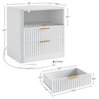 IRONCK Fluted Night Stand Set of 2, Modern Nightstand with Charging Station, Drawers and Open Shelves - Bedside Table Wood Side Table Set for Bedroom, White - color: White